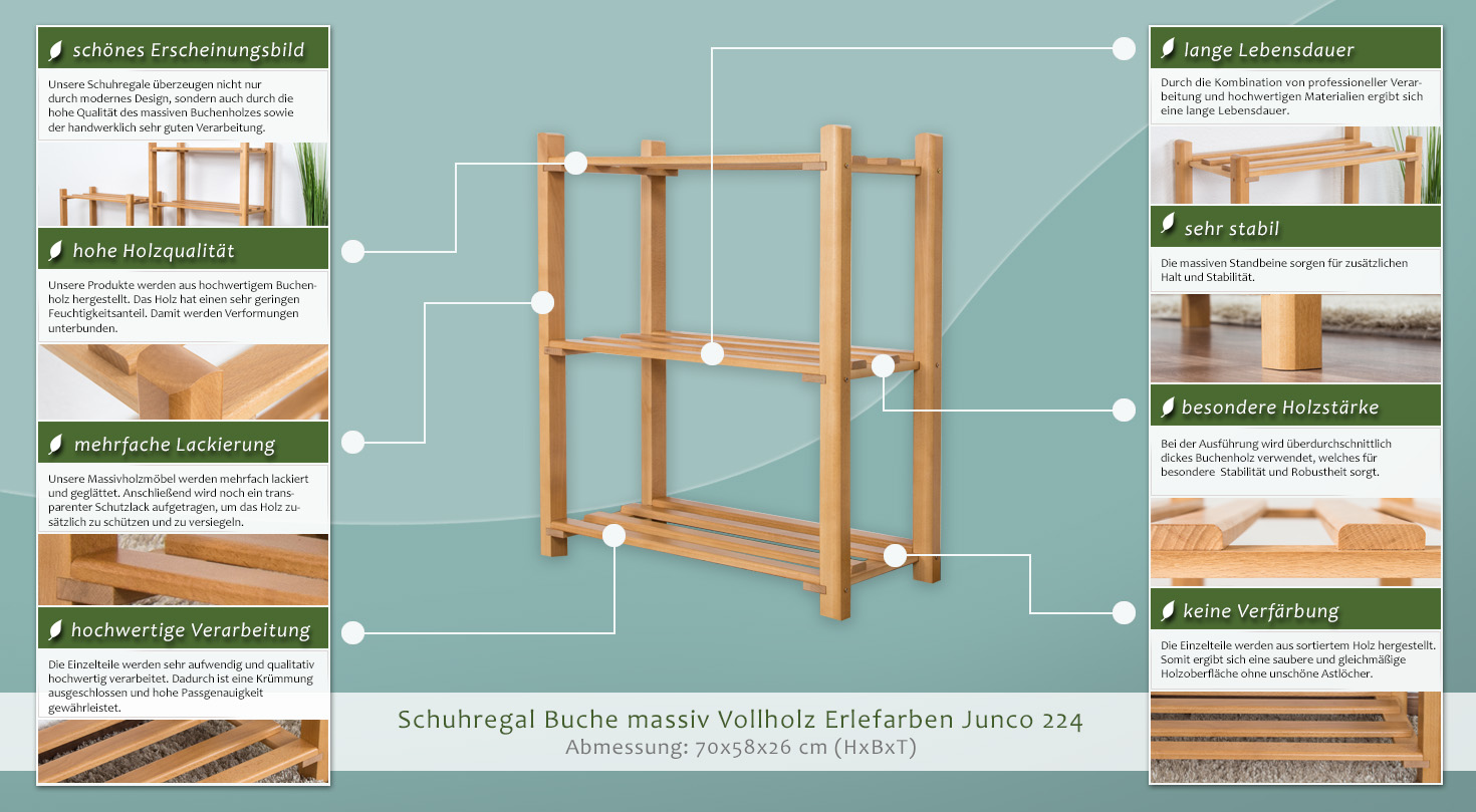 Schuhregal Buche Vollholz massiv Erlefarben Junco 224 - 70 x 58 x 26 cm (H  x B x T)