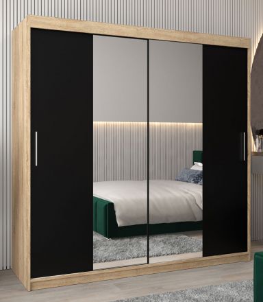 Schiebetürenschrank / Kleiderschrank Bisaurin 5B mit Spiegel, Farbe: Eiche Sonoma / Schwarz - Abmessungen: 200 x 200 x 62 cm ( H x B x T)