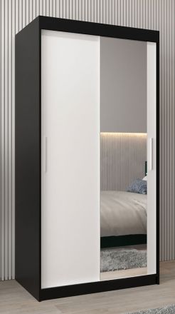 Schiebetürenschrank / Kleiderschrank Bisaurin 1C mit Spiegel, Farbe: Schwarz / Weiß matt - Abmessungen: 200 x 100 x 62 cm ( H x B x T)