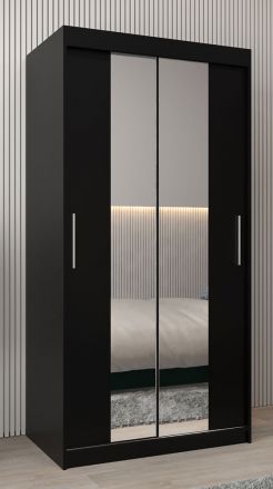 Schiebetürenschrank / Kleiderschrank Bisaurin 1B mit Spiegel, Farbe: Schwarz - Abmessungen: 200 x 100 x 62 cm ( H x B x T)