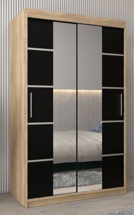 Schiebetürenschrank / Kleiderschrank Jan 02D mit Spiegel, Farbe: Eiche Sonoma / Schwarz - Abmessungen: 200 x 120 x 62 cm (H x B x T)