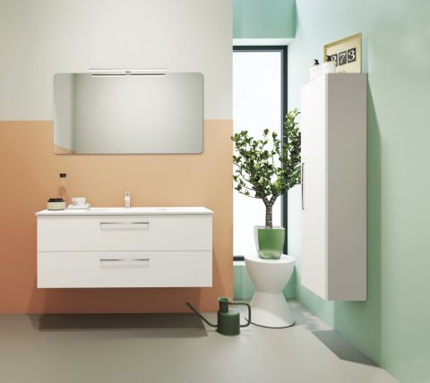 Badezimmermöbel - Set E Noida, 2-teilig inkl. Waschtisch / Waschbecken, Farbe: Beige / Weiß glänzend