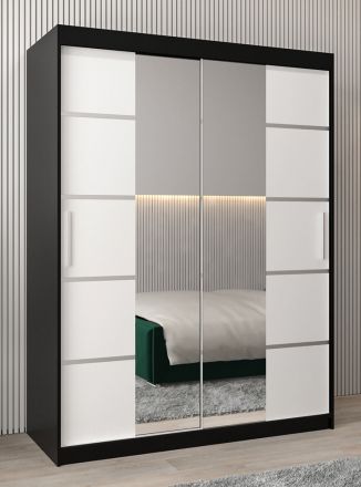 Schiebetürenschrank / Kleiderschrank Jan 03D mit Spiegel, Farbe: Schwarz / Weiß matt - Abmessungen: 200 x 150 x 62 cm (H x B x T)