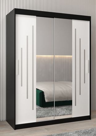 Schiebetürenschrank / Kleiderschrank mit Spiegel Tomlis 03A, Farbe: Schwarz / Weiß matt - Abmessungen: 200 x 150 x 62 cm (H x B x T)