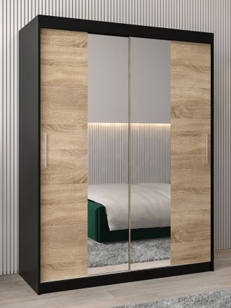 Schiebetürenschrank / Kleiderschrank Bisaurin 3B mit Spiegel, Farbe: Schwarz / Eiche Sonoma - Abmessungen: 200 x 150 x 62 cm ( H x B x T)