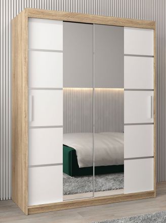 Schiebetürenschrank / Kleiderschrank Jan 03D mit Spiegel, Farbe: Eiche Sonoma / Weiß matt - Abmessungen: 200 x 150 x 62 cm (H x B x T)