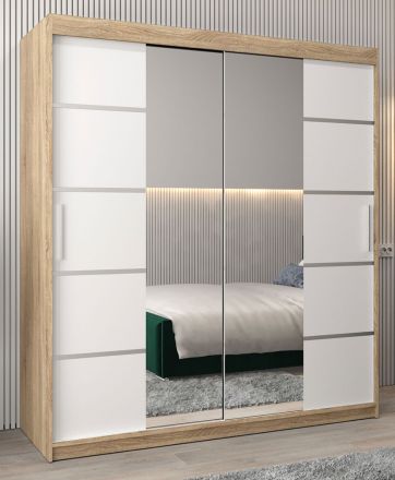 Schiebetürenschrank / Kleiderschrank Jan 04D mit Spiegel, Farbe: Eiche Sonoma / Weiß matt - Abmessungen: 200 x 180 x 62 cm (H x B x T)