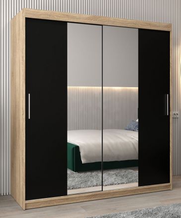Schiebetürenschrank / Kleiderschrank Bisaurin 4B mit Spiegel, Farbe: Eiche Sonoma / Schwarz - Abmessungen: 200 x 180 x 62 cm ( H x B x T)