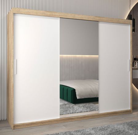 Schiebetürenschrank / Kleiderschrank Bisaurin 6B mit Spiegel, Farbe: Eiche Sonoma / Weiß matt - Abmessungen: 200 x 250 x 62 cm ( H x B x T)