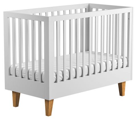 Babybett / Gitterbett Rilind 02, Farbe: Weiß / Eiche - Liegefläche: 70 x 140 cm (B x L)