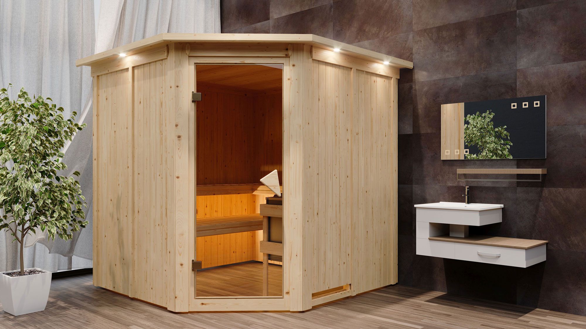 Sauna "Nooa" SET mit Kranz und Ofen 9 kW - 210 x 210 x 202 cm (B x T x H)