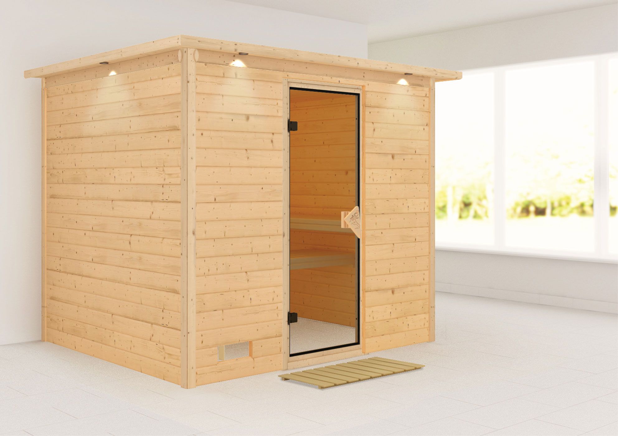 Sauna "Leja" mit bronzierter Tür und Kranz - Farbe: Natur - 259 x 210 x 205 cm (B x T x H)