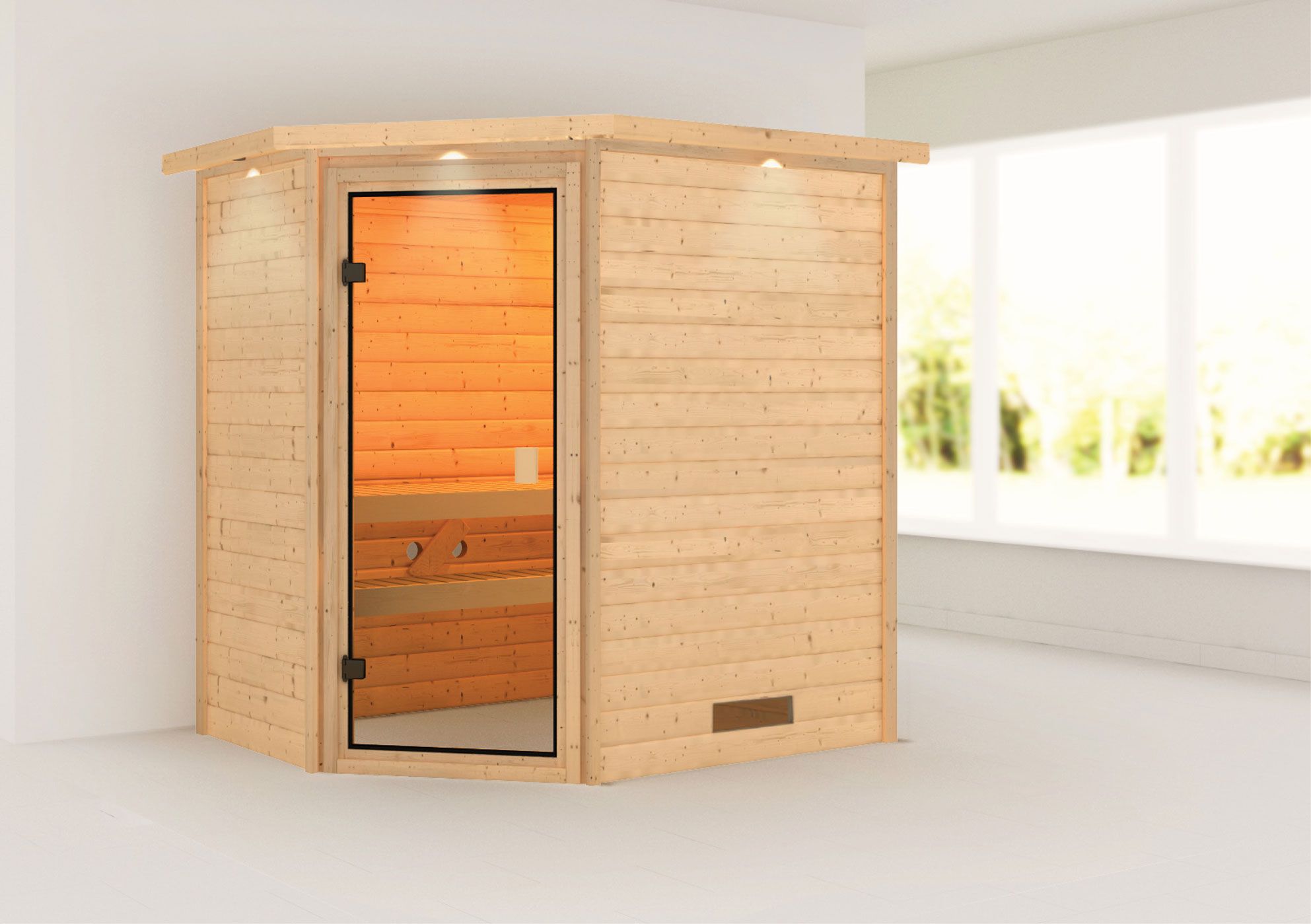 Sauna "Jannik" SET mit bronzierter Tür und Kranz - Farbe: Natur - 224 x 160 x 202 cm (B x T x H)