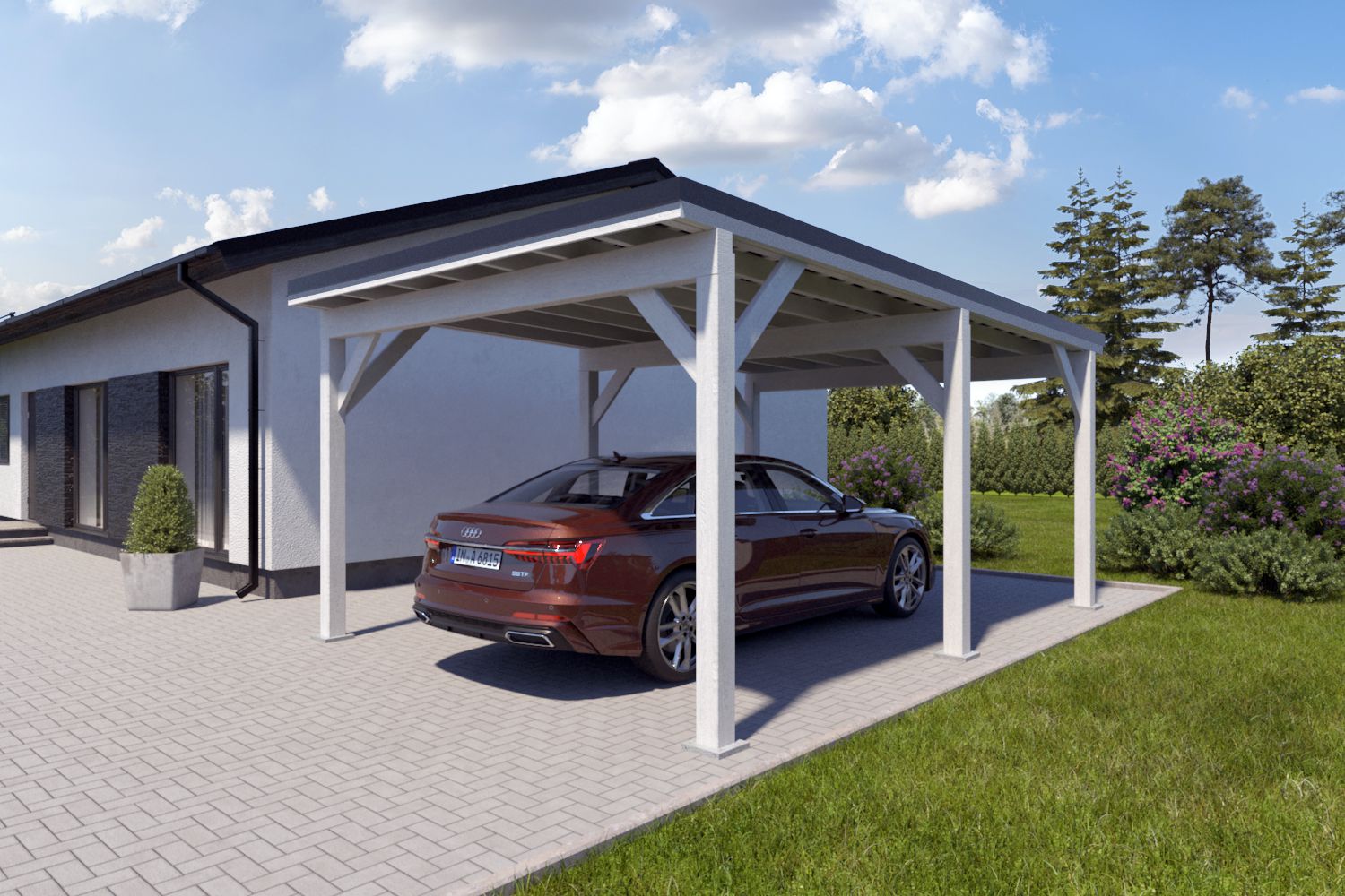 Einzelcarport "Stabil" 6 x 4 m (LxB) | 250 kg/m² Dachlast | 24 m² | Reinweiß mit schwarzem Trapezblechdach