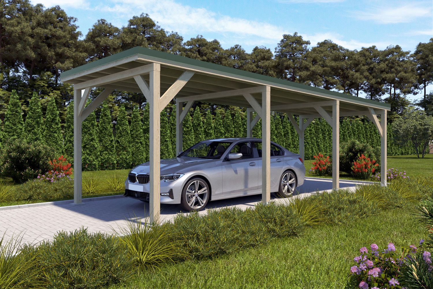 Einzelcarport "Stabil" 8,7 x 3 m (LxB) | 250 kg/m² Dachlast | 26 m² | Natur mit dornengrünem Dach