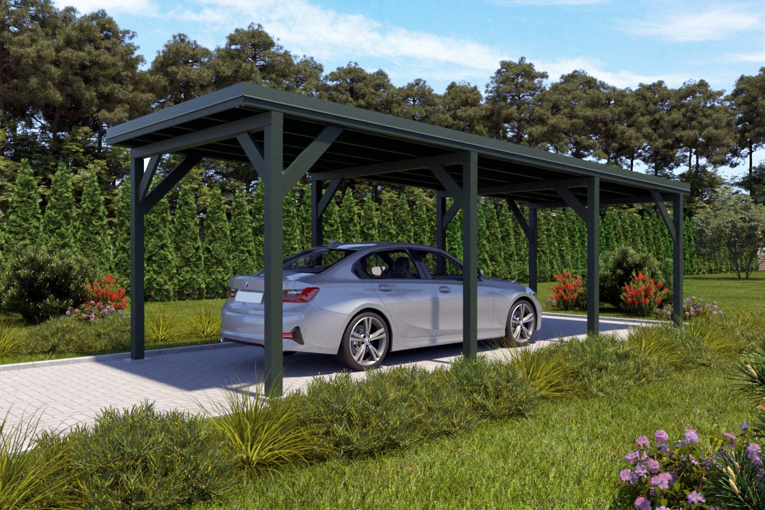 Einzelcarport "Stabil" 8,7 x 3 m (LxB) | 250 kg/m² Dachlast | 26 m² | Chromoxidgrün mit dornengrünem Dach