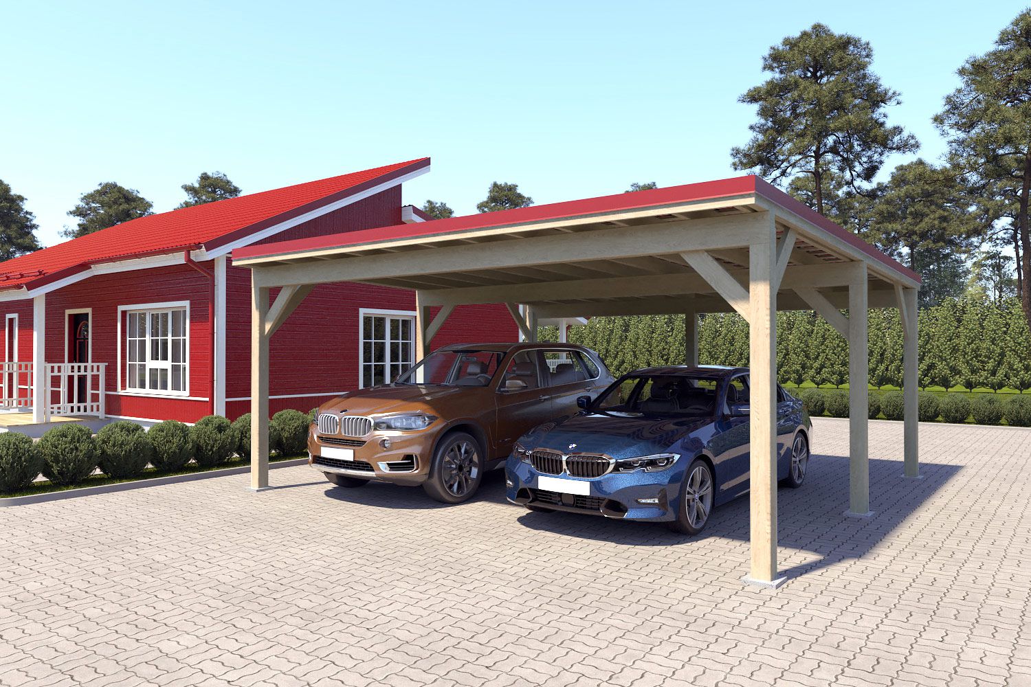 Doppelcarport "Stabil" 6 x 6 m (LxB) | 250 kg/m² Dachlast | 36 m² | Natur mit rotem Dach