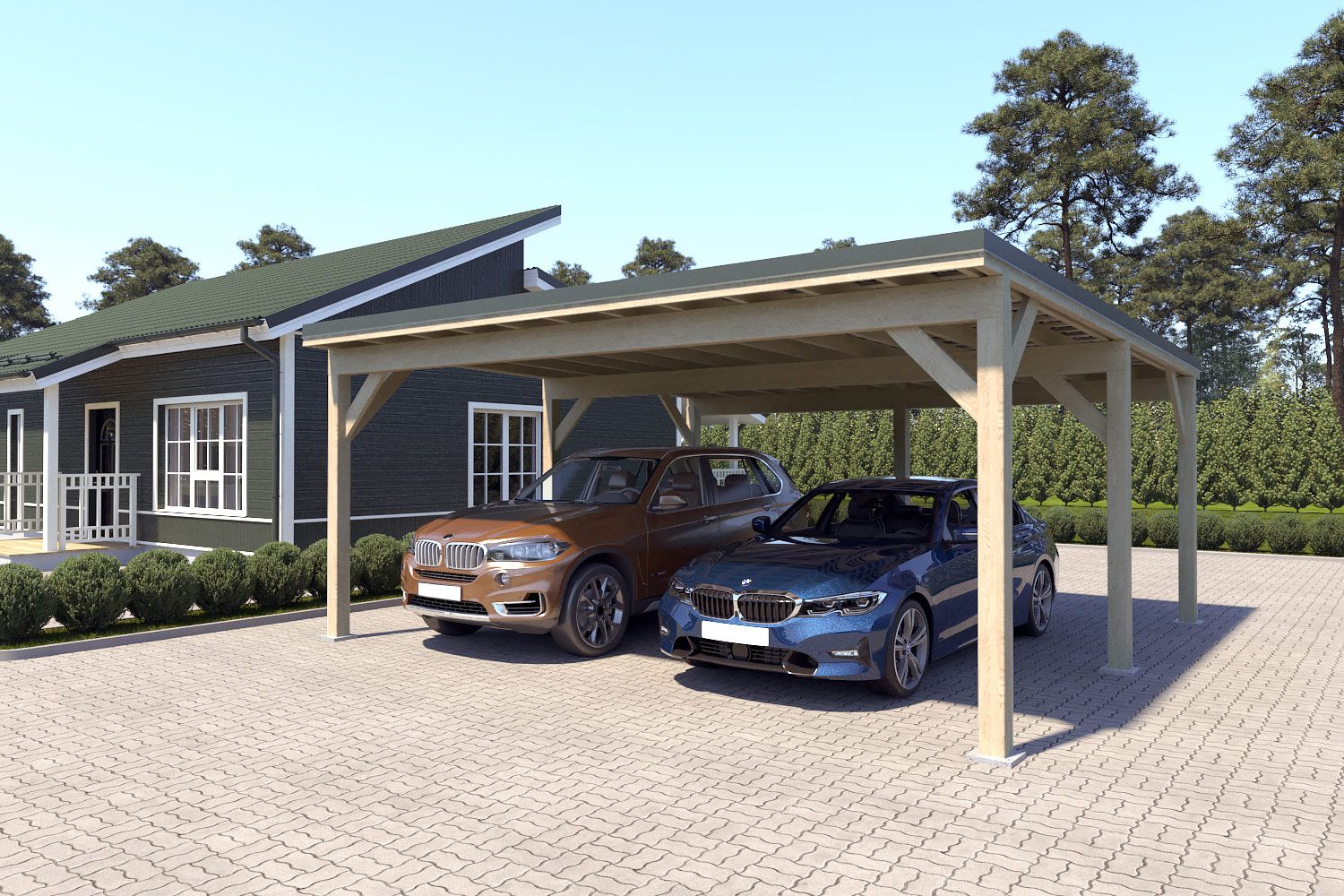 Doppelcarport "Stabil" 6 x 6 m (LxB) | 250 kg/m² Dachlast | 36 m² | Natur mit dornengrünem Dach