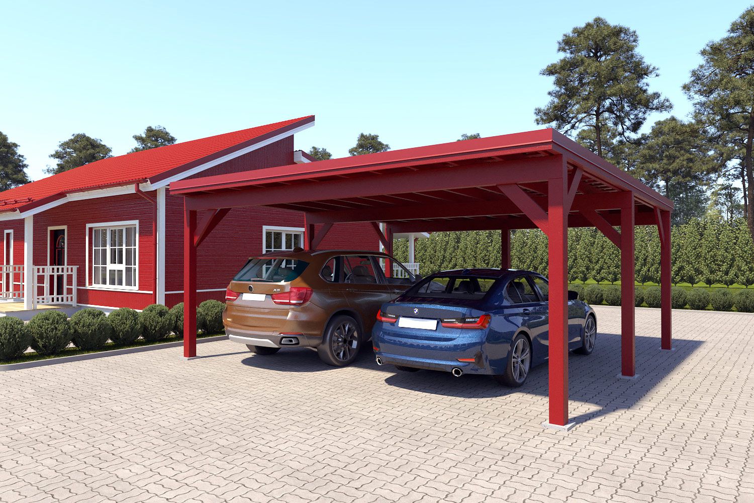 Doppelcarport "Stabil" 6 x 6 m (LxB) | 250 kg/m² Dachlast | 36 m² | Oxidrot mit rotem Dach