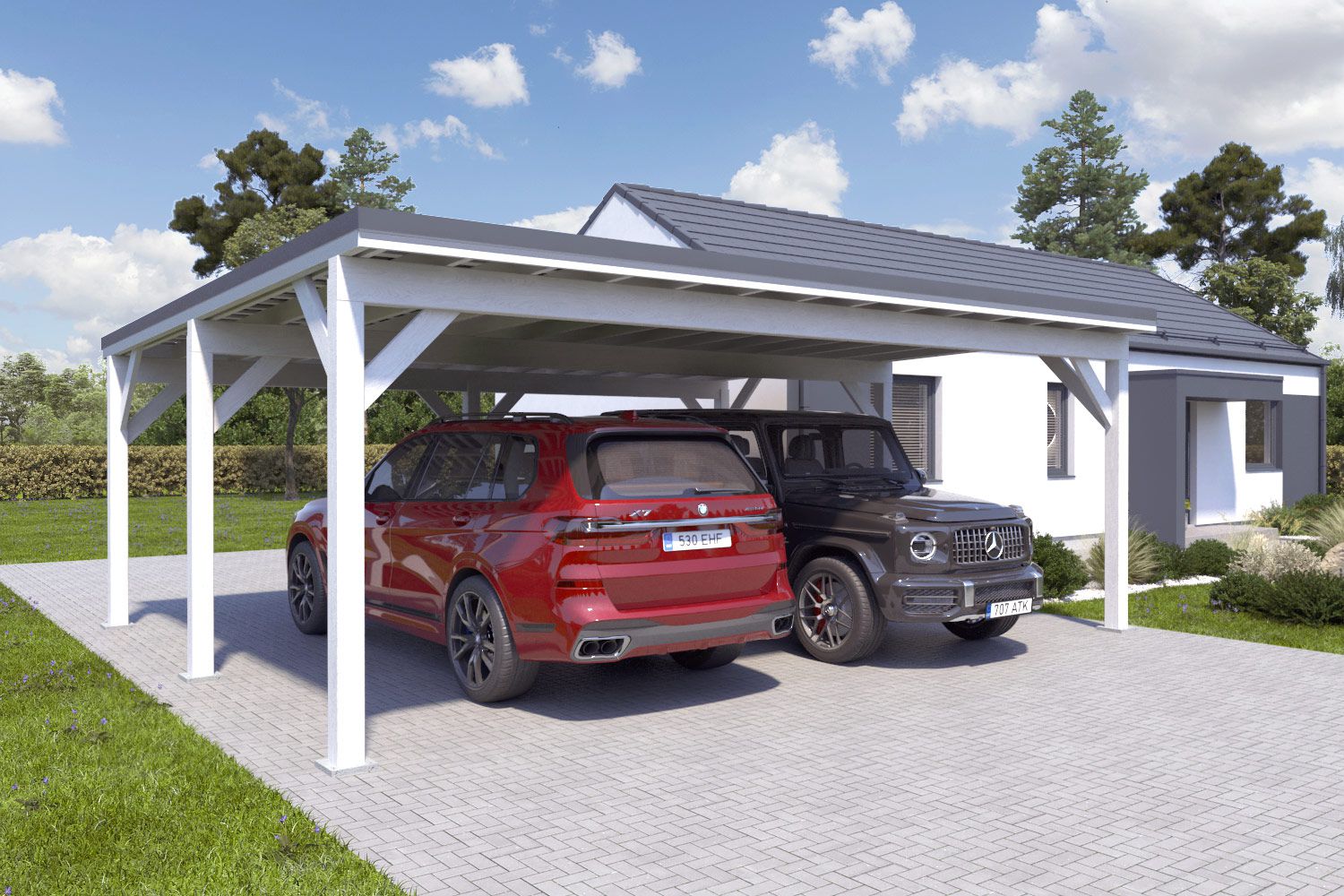 Doppelcarport "Stabil" 6 x 7 m (LxB) | 250 kg/m² Dachlast | 42 m² | Reinweiß mit dunkelgrauem Dach