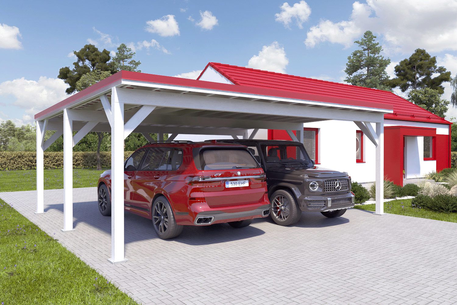 Doppelcarport "Stabil" 6 x 7 m (LxB) | 250 kg/m² Dachlast | 42 m² | Reinweiß mit rotem Dach