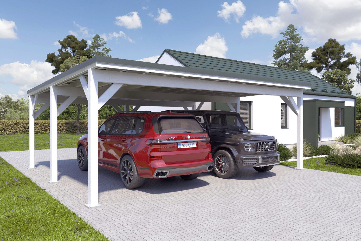 Doppelcarport "Stabil" 6 x 7 m (LxB) | 250 kg/m² Dachlast | 42 m² | Reinweiß mit dornengrünem Dach