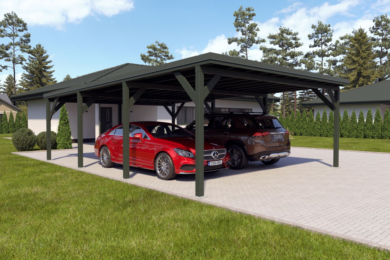 Doppelcarport "Stabil" 8,7 x 6 m (LxB) | 250 kg/m² Dachlast | 52 m² | Chromoxidgrün mit dorngrünem Dach