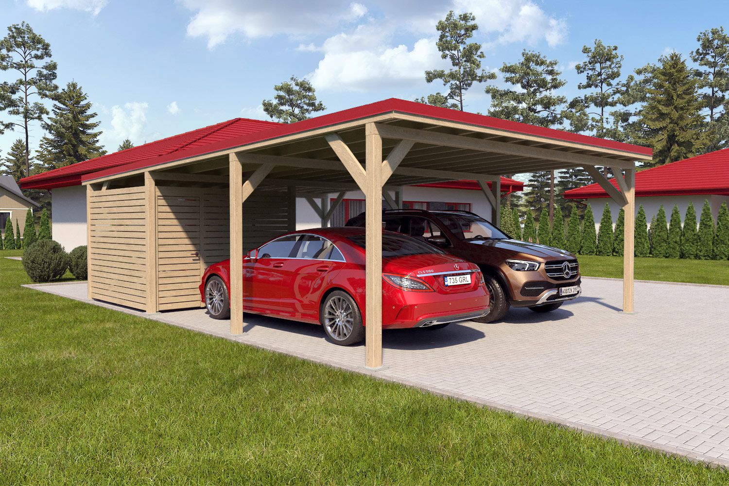 Doppelcarport "Stabil" 8,7 x 6 m (LxB) | 250 kg/m² Dachlast | 52 m² | Imprägniert mit rotem Dach inkl. kleinem Geräteraum