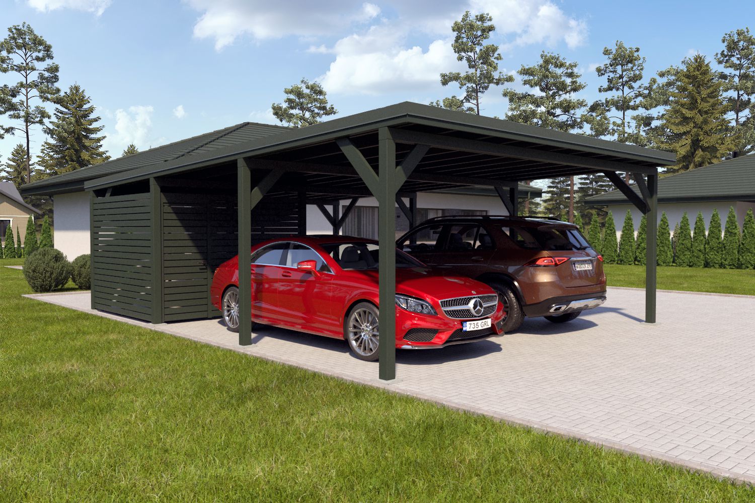 Doppelcarport "Stabil" 8,7 x 6 m (LxB) | 250 kg/m² Dachlast | 52 m² | Chromoxidgrün mit dorngrünem Dach inkl. Geräteraum