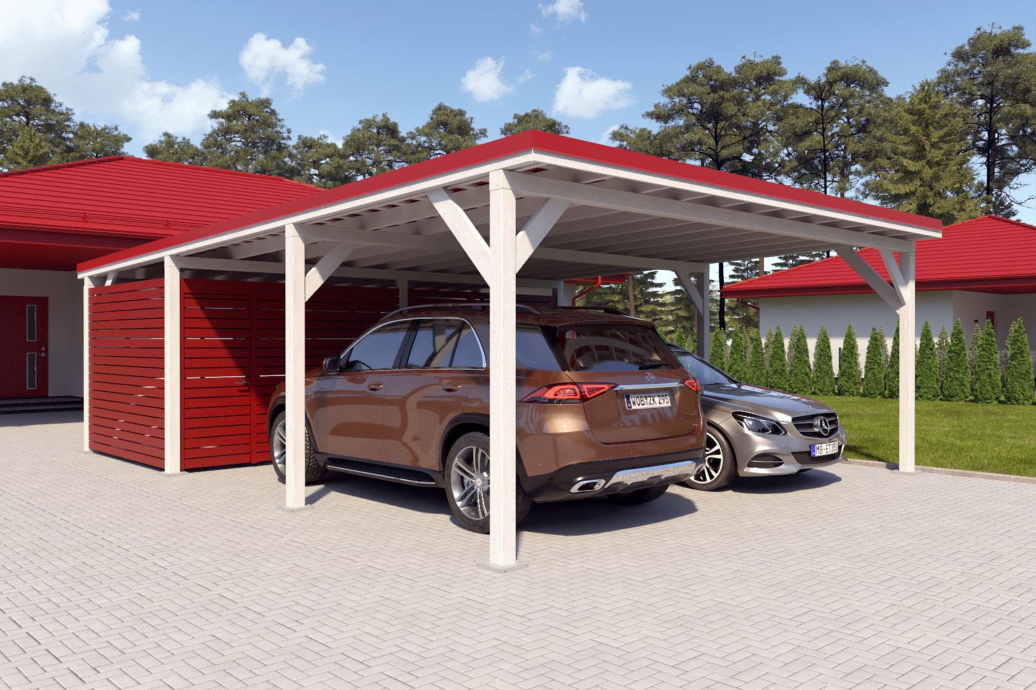 Doppelcarport "Stabil" 8,7 x 6 m (LxB) | 250 kg/m² Dachlast | 52 m² | Reinweiß mit rotem Dach inkl. Geräteraum