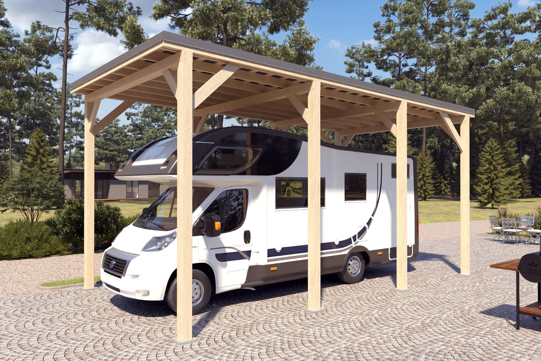 Camping Carport "Stabil" 7 x 4 m (LxB) | 250 kg/m² Dachlast | 28 m² | Natur mit grauem Dach