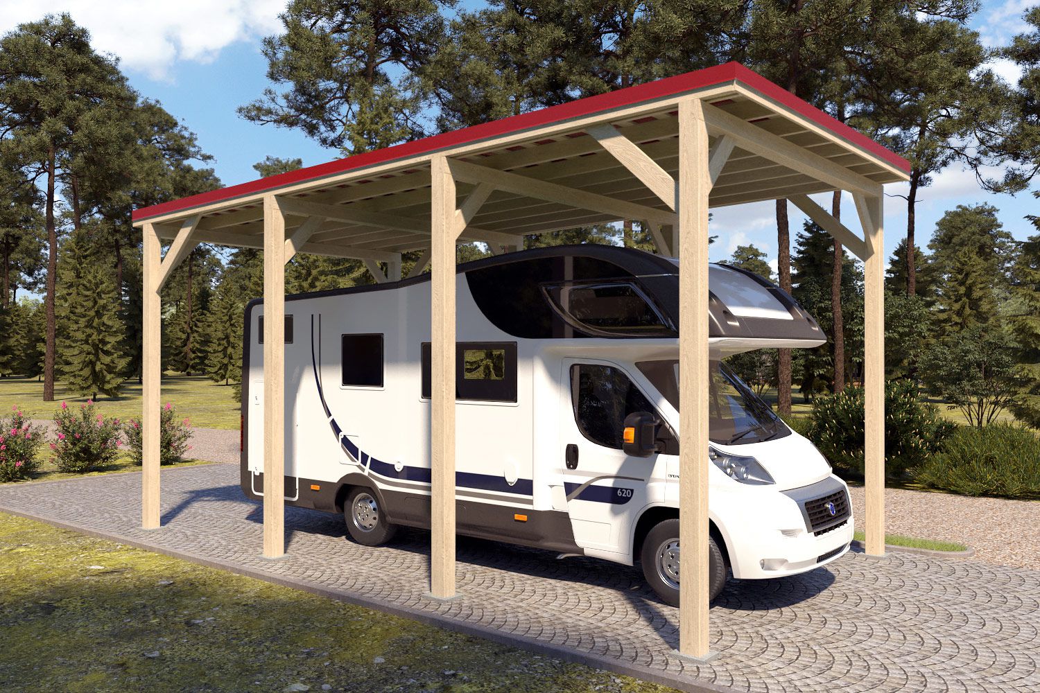 Camping Carport "Stabil" 7 x 4 m (LxB) | 250 kg/m² Dachlast | 28 m² | Natur mit rotem Dach