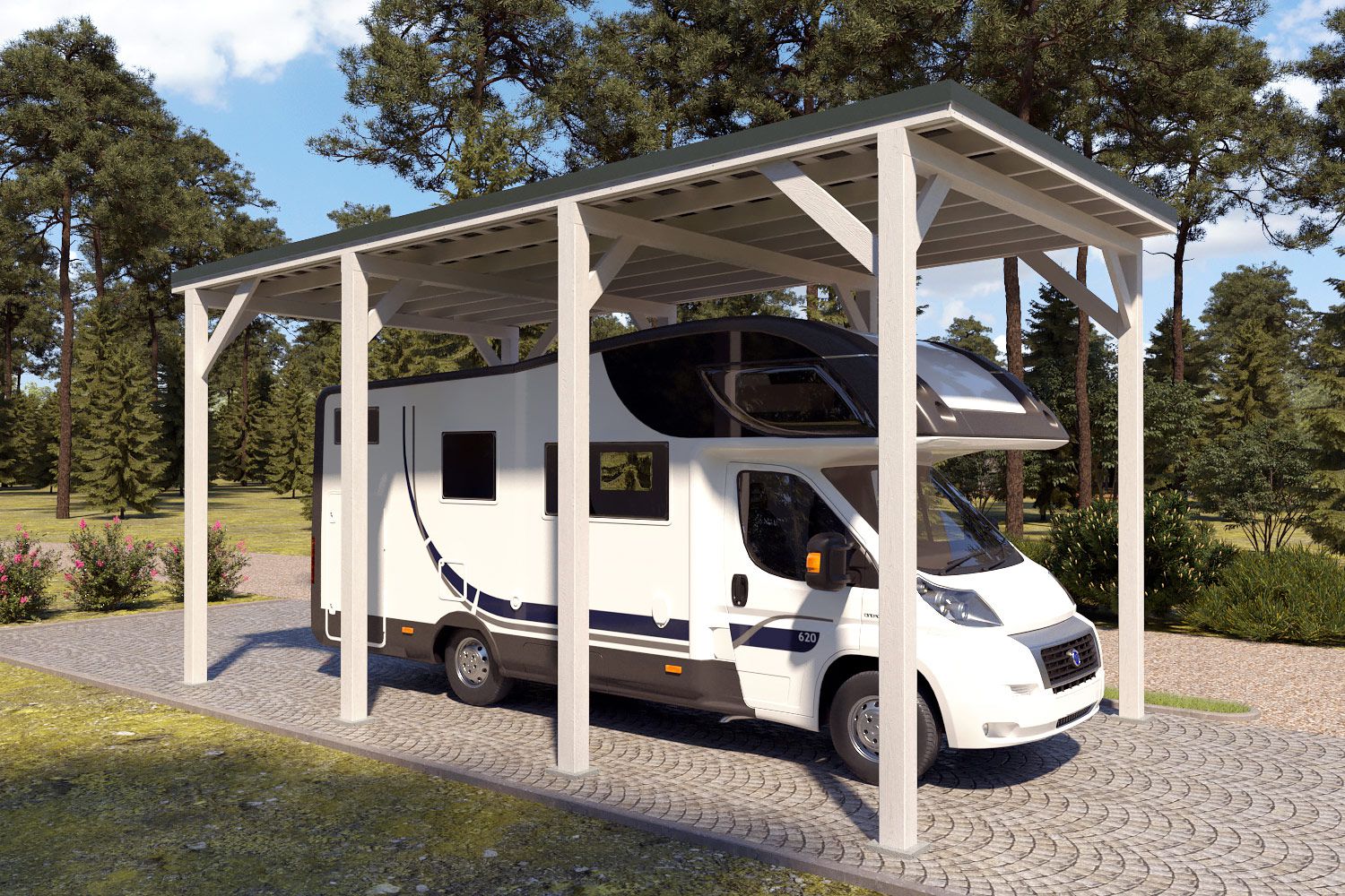 Camping Carport "Stabil" 7 x 4 m (LxB) | 250 kg/m² Dachlast | 28 m² | Reinweiß mit dornengrünem Dach