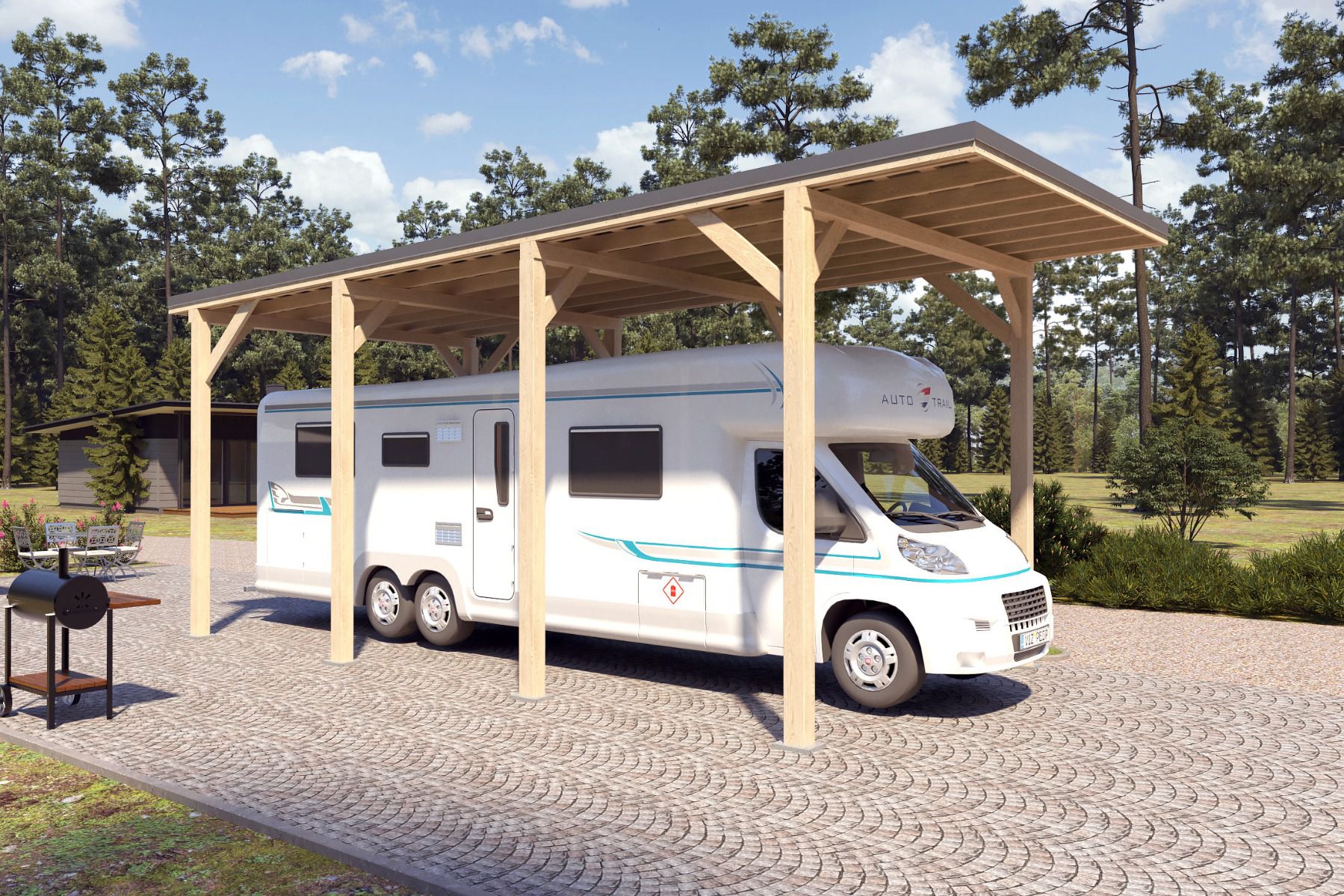 Camping Carport "Stabil" 8 x 4 m (LxB) | 250 kg/m² Dachlast | 32 m² | Natur mit grauem Dach