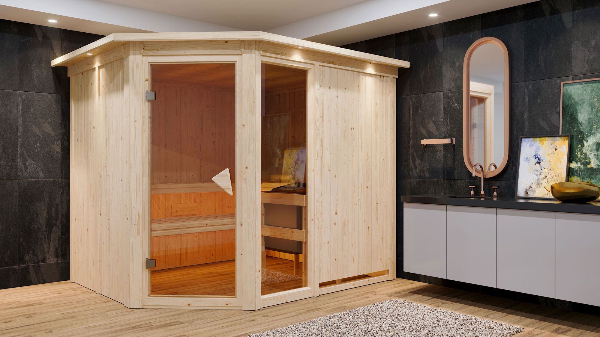 Sauna "Bjarki 3" SET mit bronzierter Tür und Kranz  mit Ofen 9 kW - 245 x 210 x 202 cm (B x T x H)