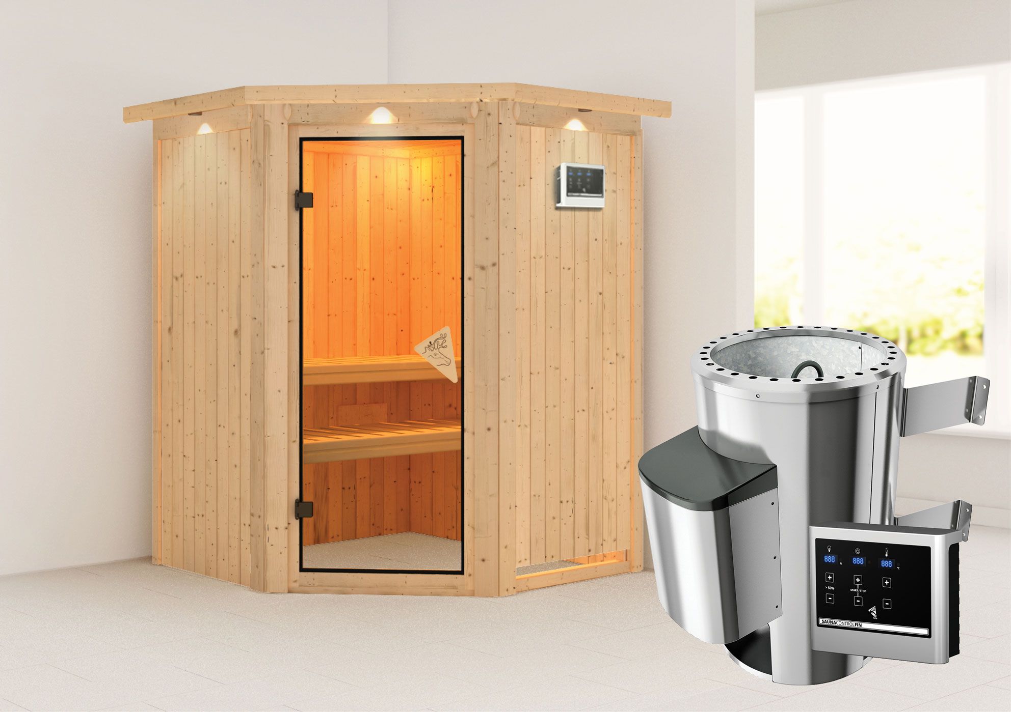 Sauna "Loran" SET mit Kranz - Farbe: Natur, Ofen externe Steuerung easy 3,6 kW - 165 x 165 x 202 cm (B x T x H)