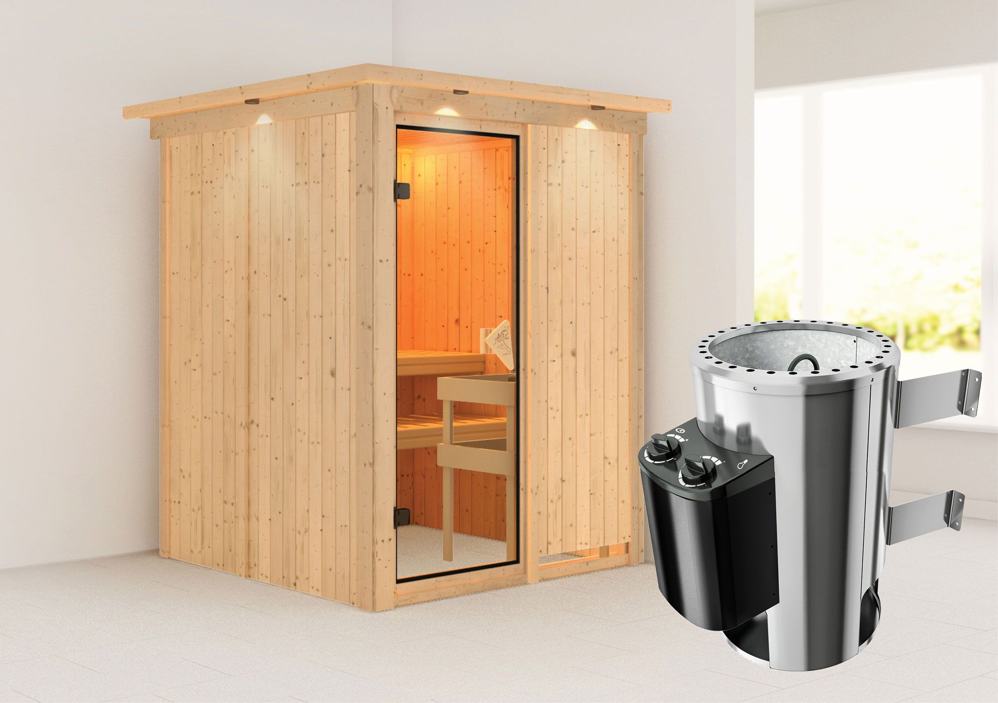 Sauna "Joran" SET mit bronzierter Tür, Kranz & Ofen 3,6 kW - 165 x 165 x 202 cm (B x T x H)