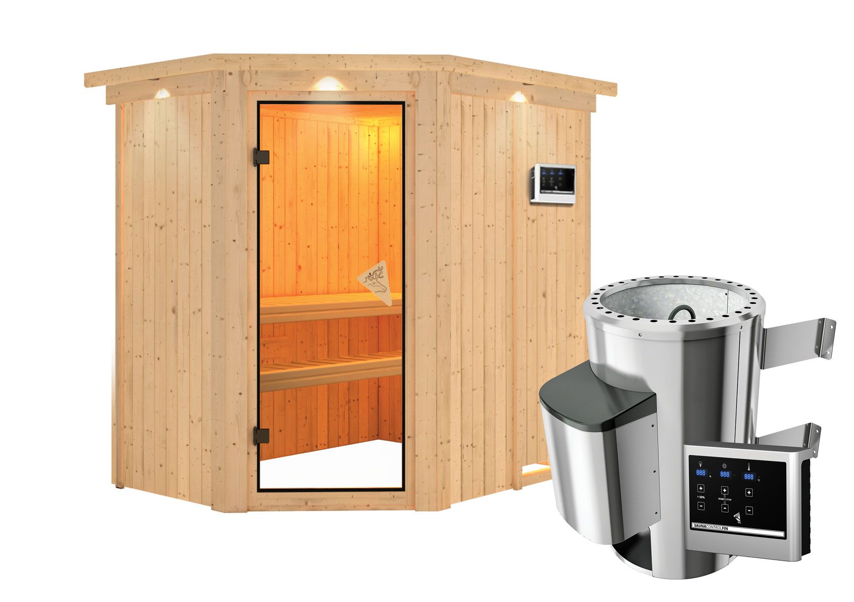 Sauna "Ole" SET mit bronzierter Tür und Kranz - Farbe: Natur, Ofen externe Steuerung easy 3,6 kW - 165 x 210 x 202 cm (B x T x H)