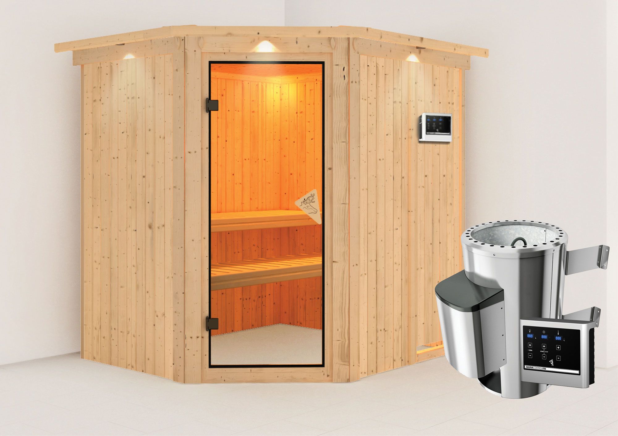 Sauna "Askjell" SET mit bronzierter Tür und Kranz - Farbe: Natur, Ofen externe Steuerung easy 3,6 kW - 210 x 184 x 202 cm (B x T x H)