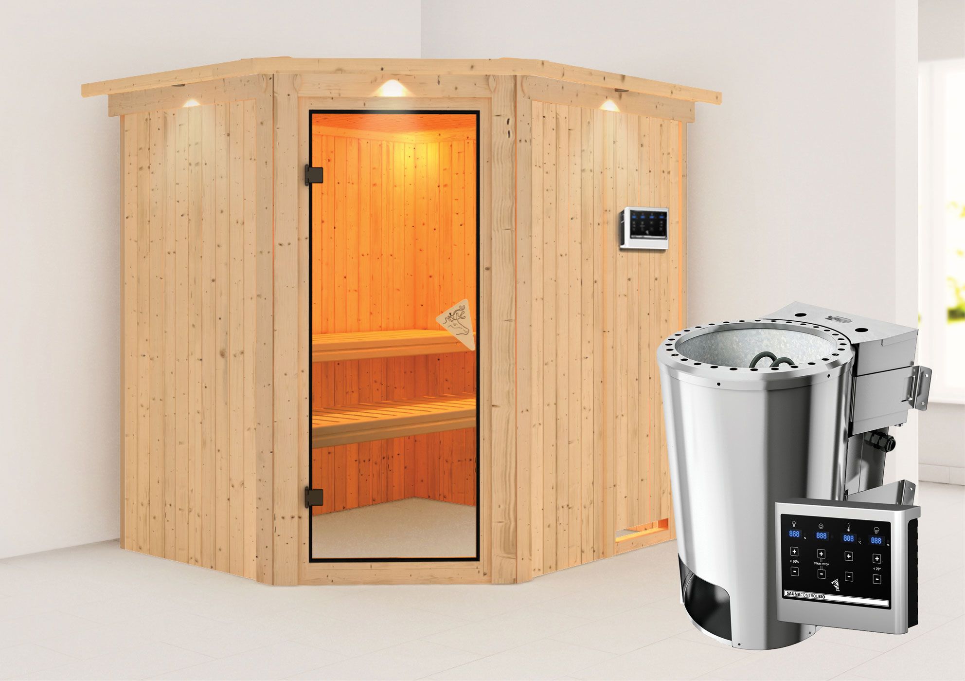 Sauna "Askjell" SET mit bronzierter Tür und Kranz  mit-Ofen BIO 3,6 kW - 210 x 184 x 202 cm (B x T x H)