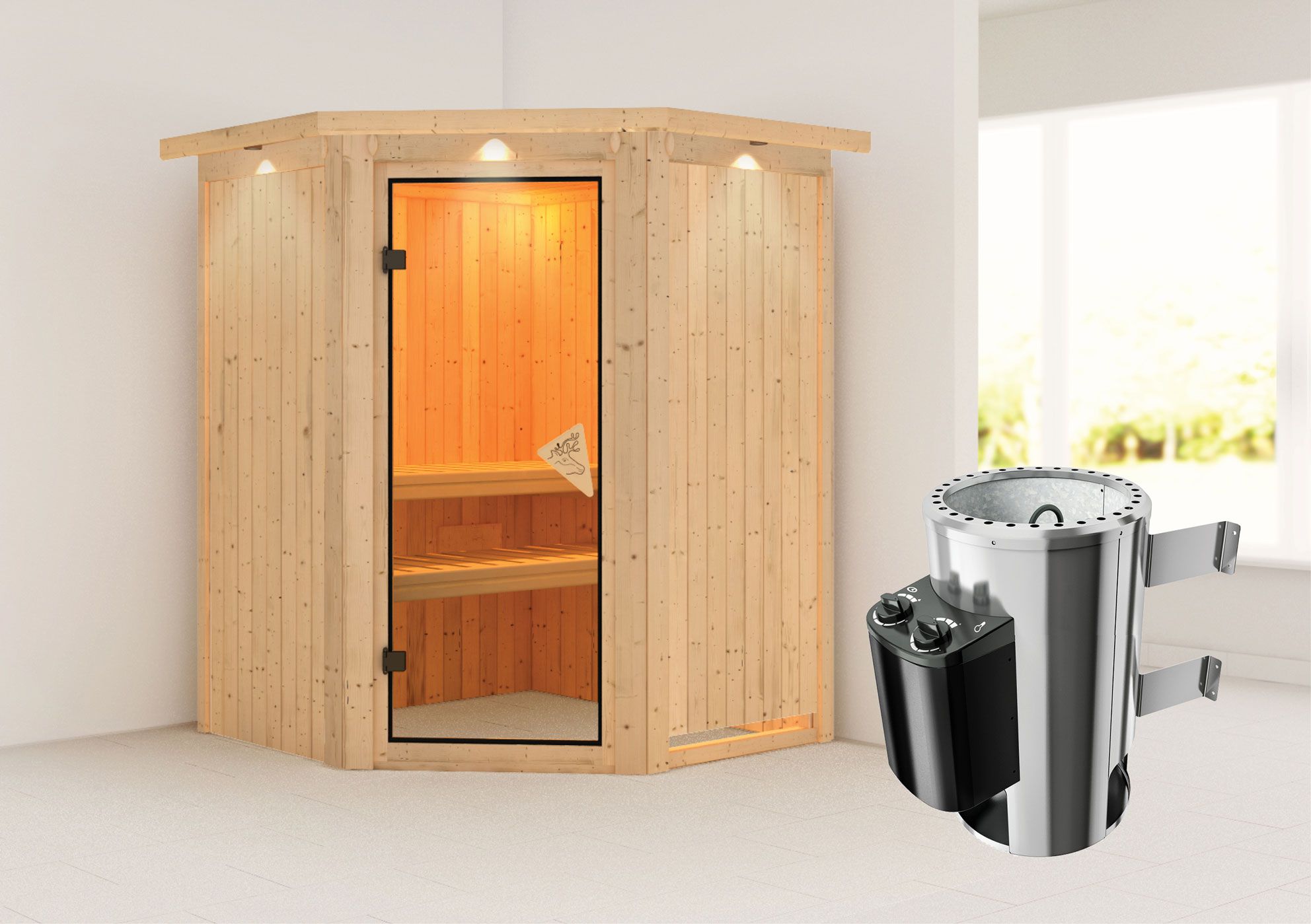Sauna "Loran" SET mit bronzierter Tür und Kranz  mit Ofen 3,6 kW - 165 x 165 x 202 cm (B x T x H)