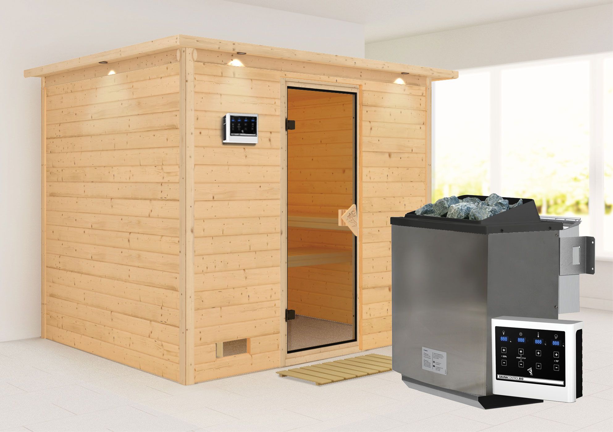 Sauna "Leja" SET mit bronzierter Tür und Kranz  mit Ofen BIO 9 kW - 259 x 210 x 205 cm (B x T x H)