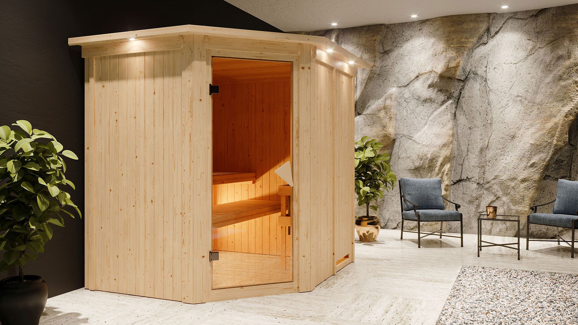 Sauna "Hanko" SET mit Kranz und Ofen externe Steuerung easy 9 kW Edelstahl - 210 x 184 x 202 cm (B x T x H)