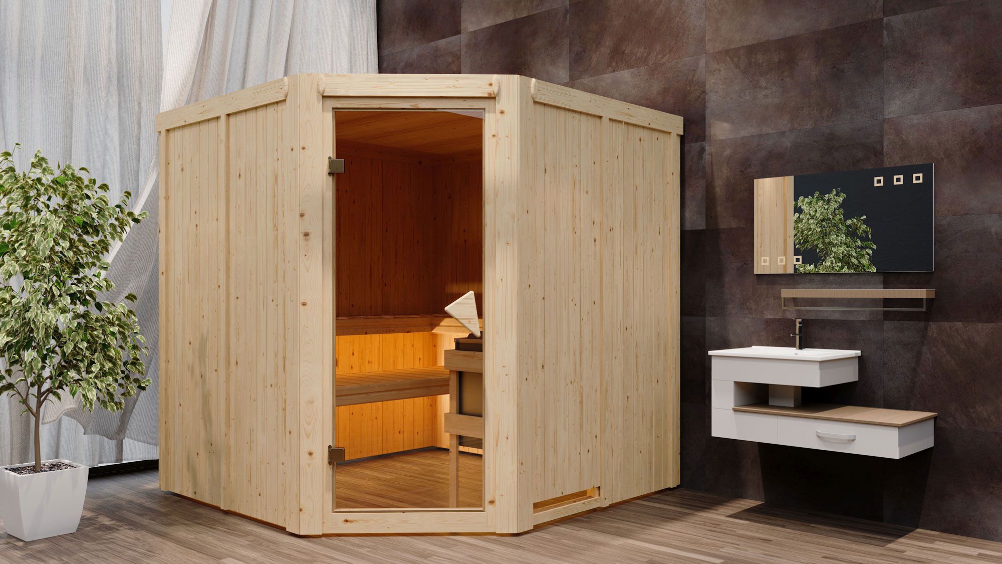Sauna "Nooa" SET mit Ofen externe Steuerung easy 9 kW Edelstahl - 196 x 196 x 198 cm (B x T x H)