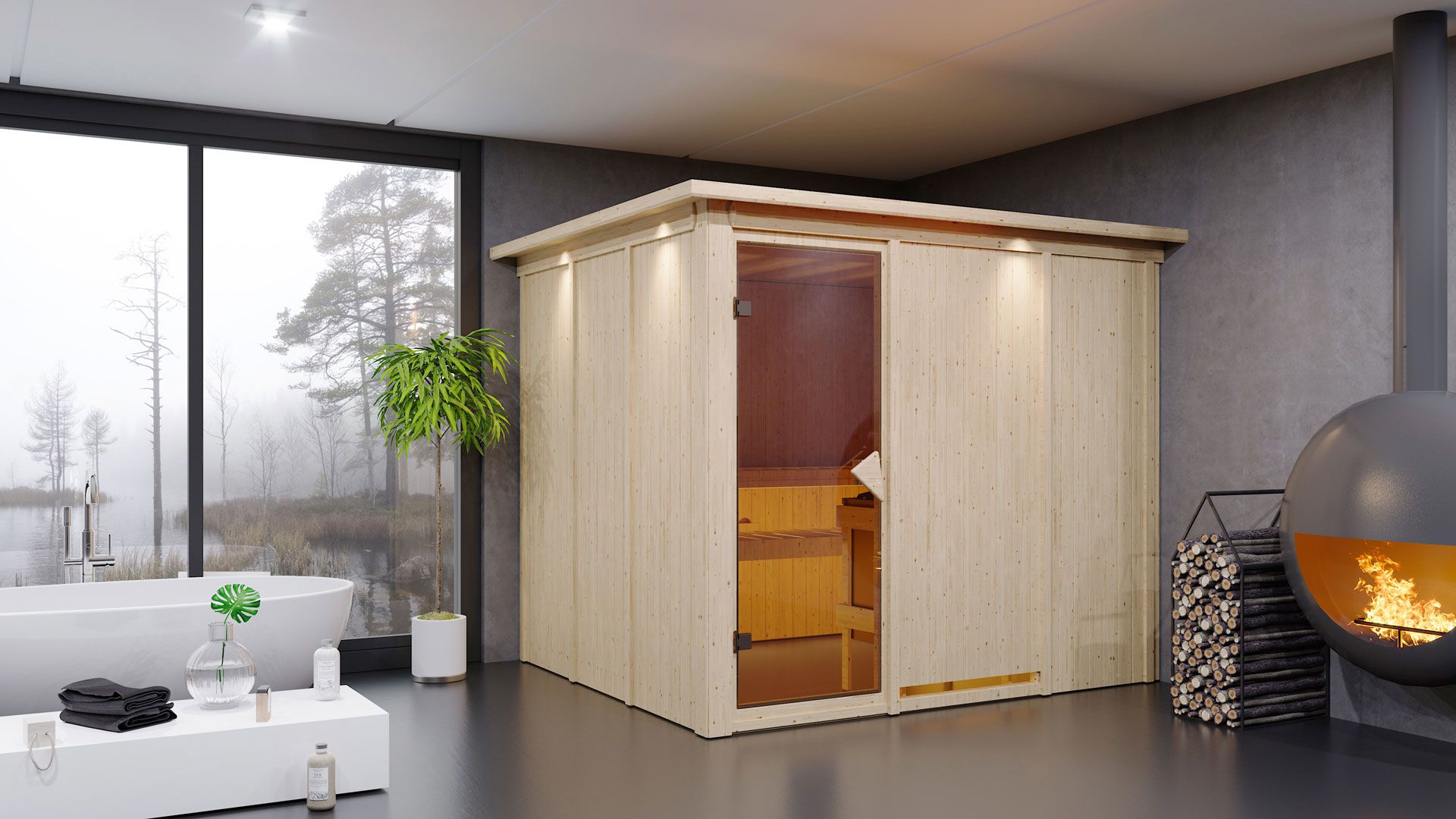 Sauna "Toivo" SET mit Kranz und Ofen externe Steuerung easy 9 kW Edelstahl - 245 x 210 x 202 cm (B x T x H)