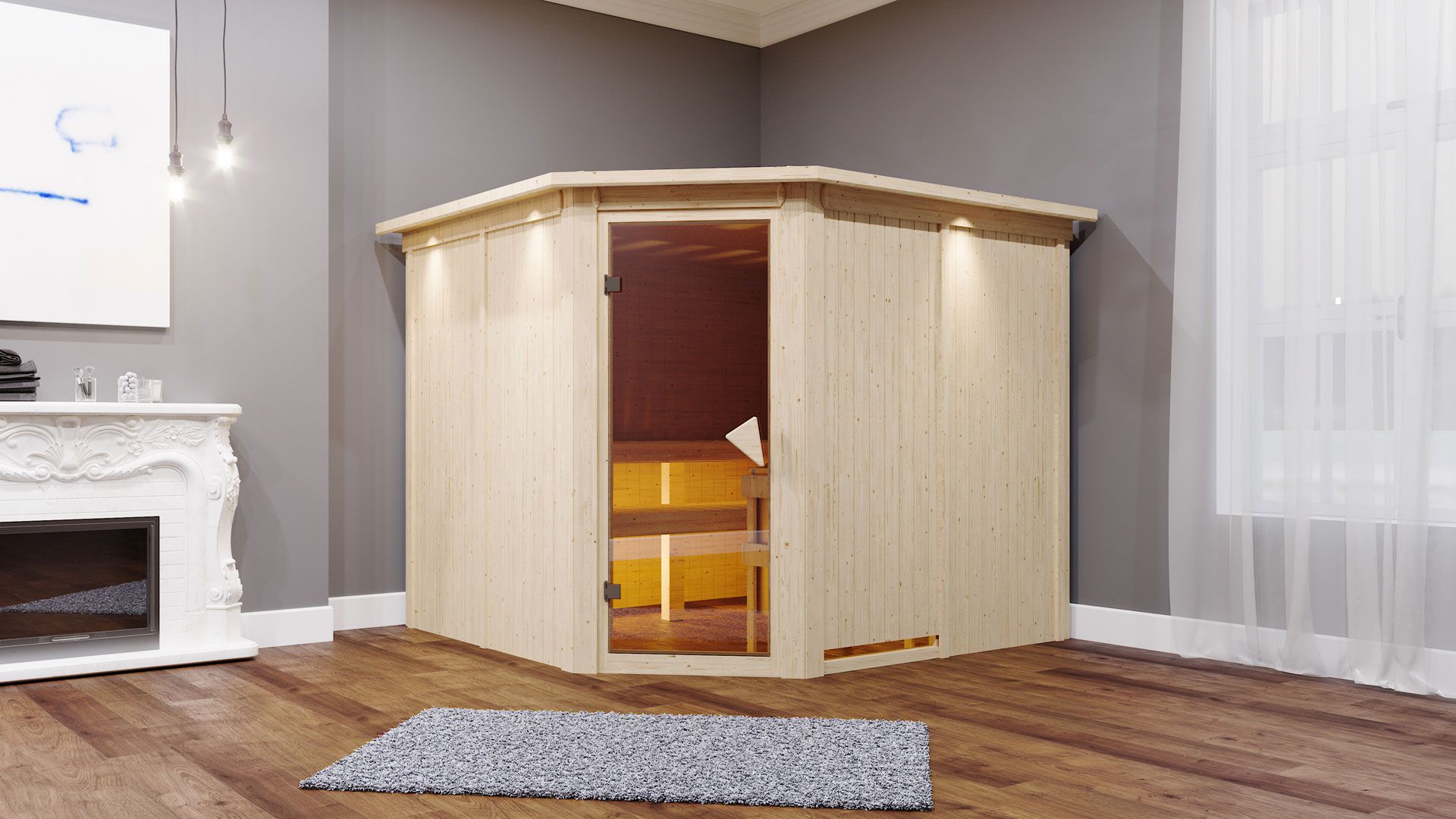 Sauna "Samu" SET mit Kranz und Ofen externe Steuerung easy 9 kW Edelstahl - 245 x 210 x 202 cm (B x T x H)
