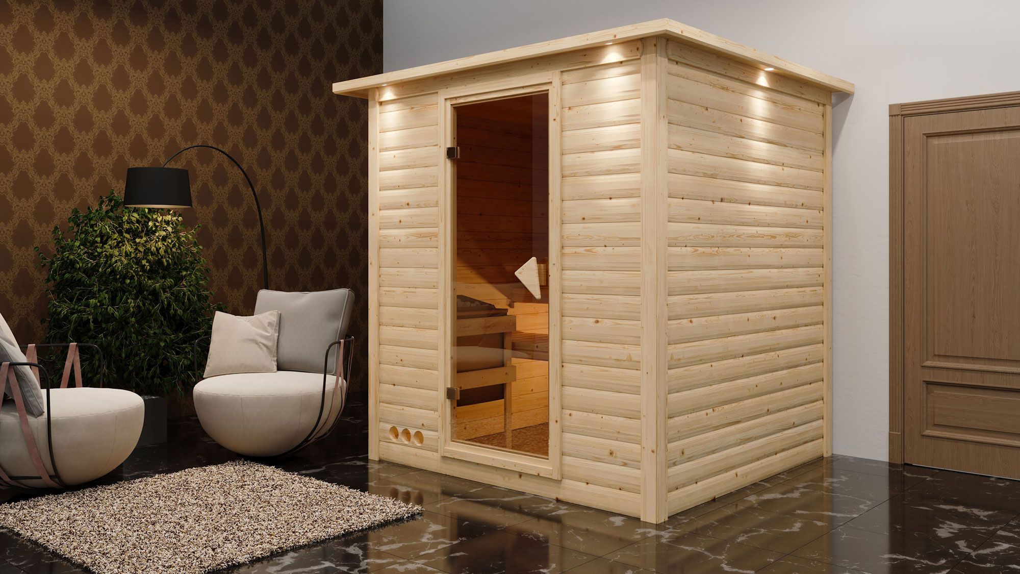 Sauna "Jonna" SET mit bronzierter Tür und Kranz  mit Ofen externe Steuerung easy 9 kW Edelstahl - 224 x 210 x 206 cm (B x T x H)