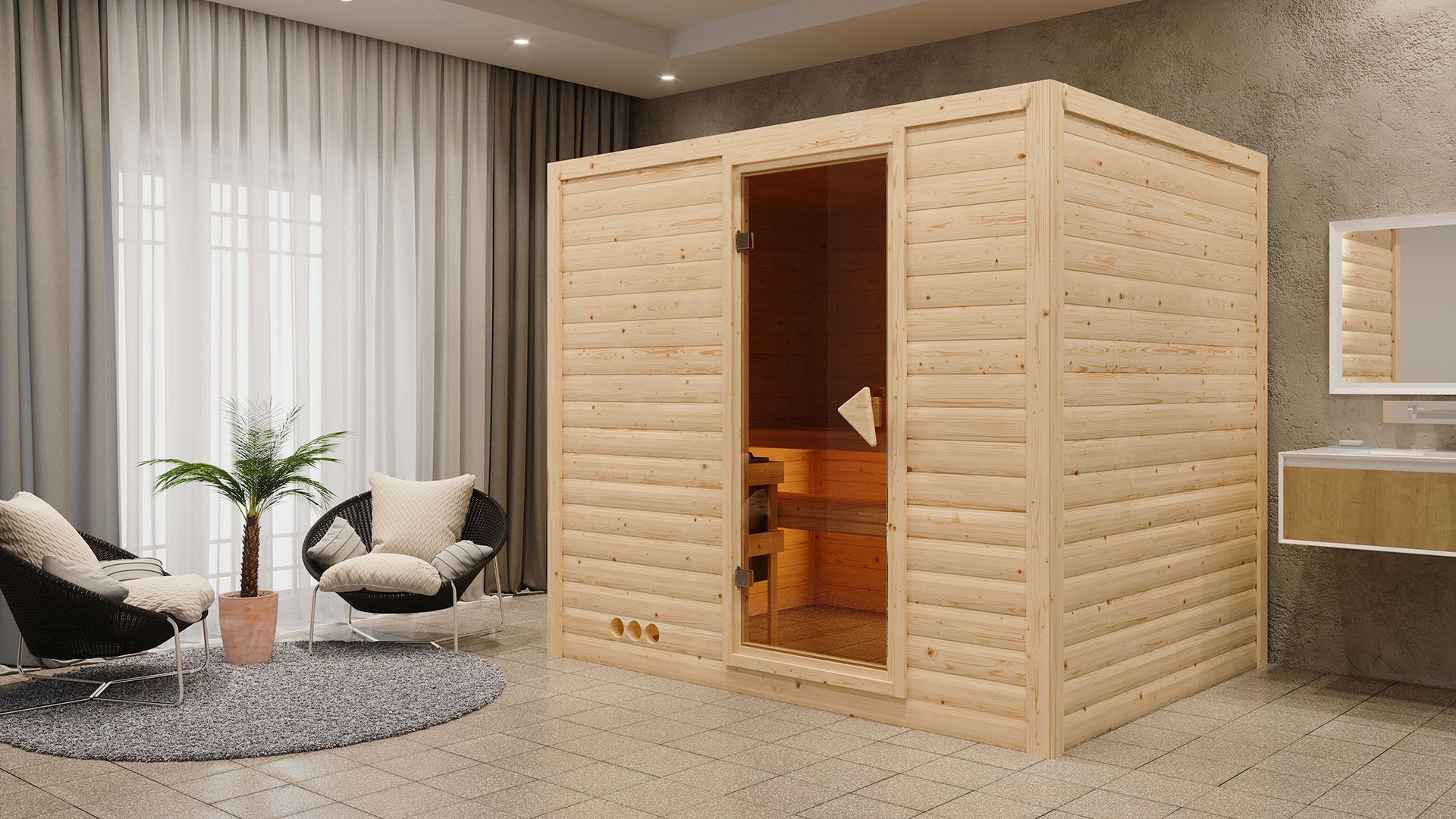 Sauna "Leja" SET mit bronzierter Tür & Ofen 9 kW Edelstahl. - 231 x 196 x 200 cm (B x T x H)