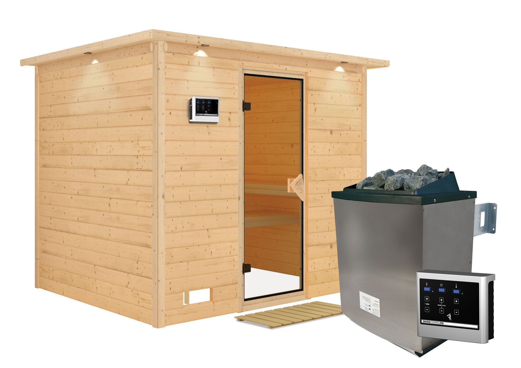 Sauna "Leja" SET mit bronzierter Tür und Kranz  mit Ofen externe Steuerung easy 9 kW Edelstahl - 259 x 210 x 205 cm (B x T x H)