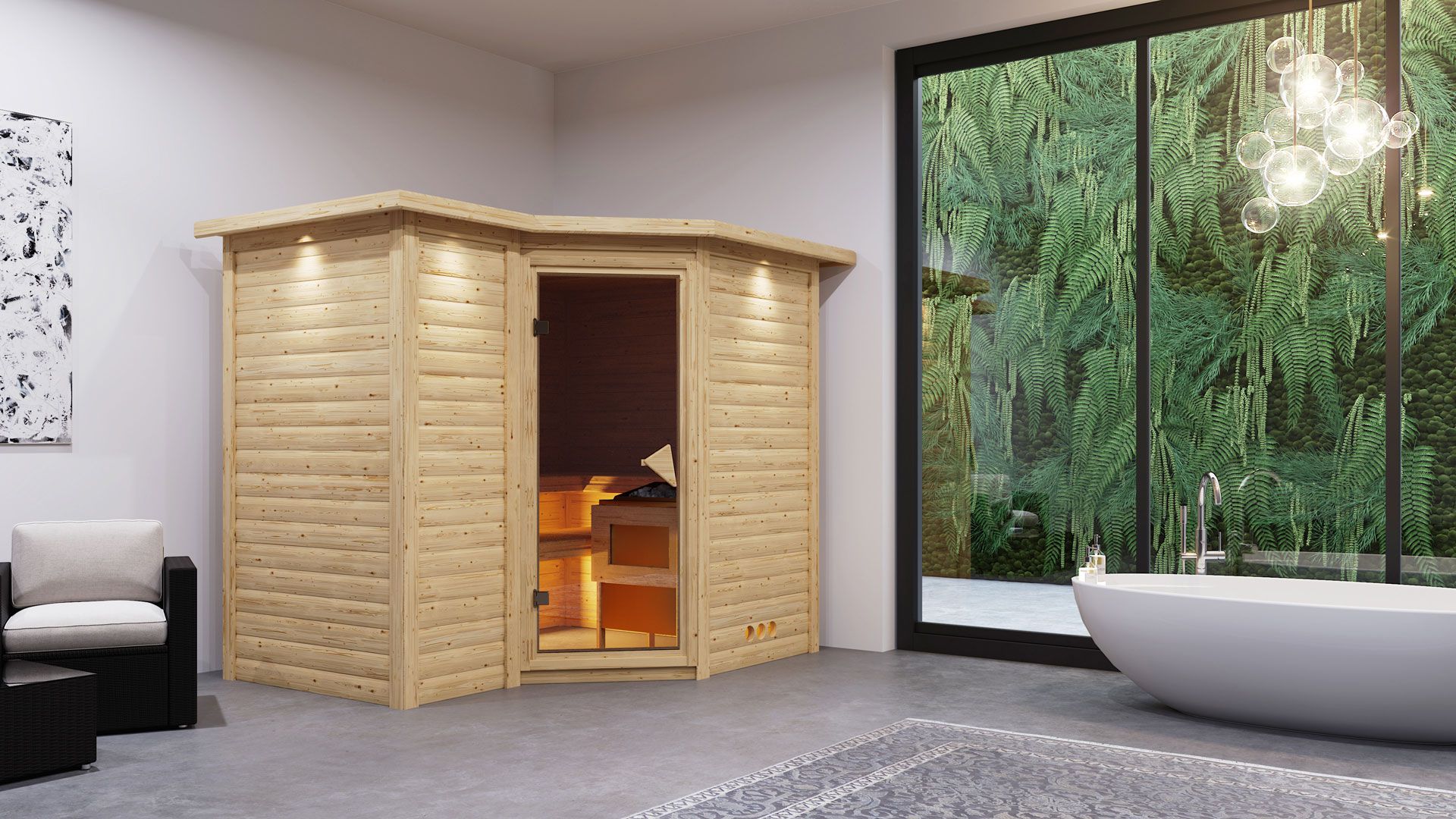 Sauna "Tjara 2" SET mit bronzierter Tür und Kranz - Farbe: Natur, Ofen externe Steuerung easy 9 kW Edelstahl - 264 x 198 x 212 cm (B x T x H)